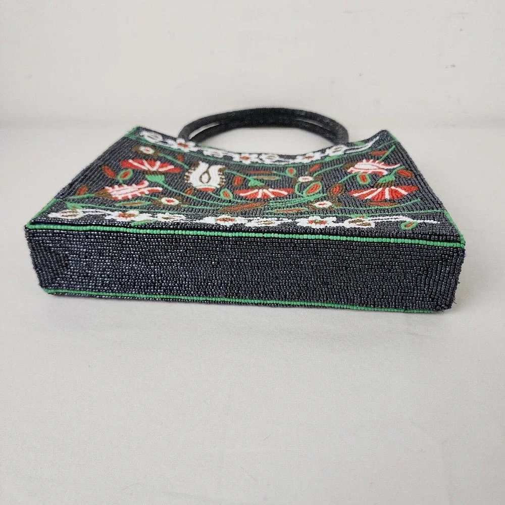 Vintage Handbag Glass Seed Beaded Floral Purse Black Red Flower Vietnamese - Picture 4 of 11